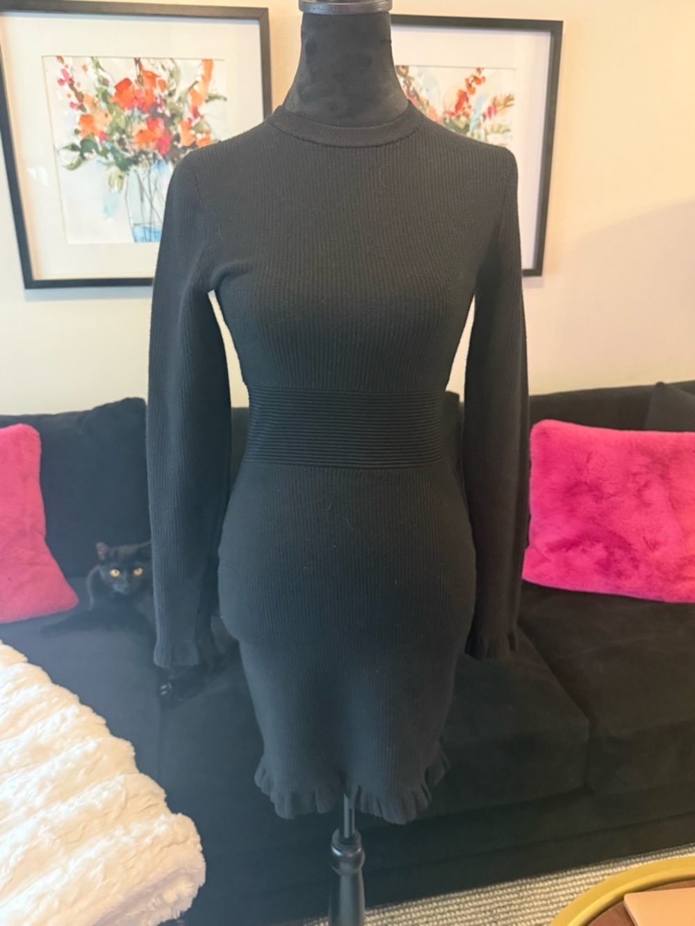 Express Black Ribbed Long-Sleeve Knit Dress